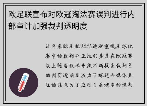 欧足联宣布对欧冠淘汰赛误判进行内部审计加强裁判透明度